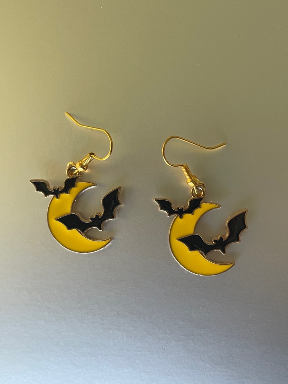 Yellow Moon & Black Bat Dangle Earrings Whimsigoth Fall Novelty Jewelry